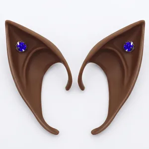 Brown latex elf ears for cosplay with deep blue rhinestones detail and silver claws