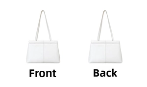 Detailed front and back views of a minimalist white tote bag with slim shoulder straps