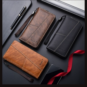 Men's long leather wallets in black and brown featuring zipper closure and wrist strap
