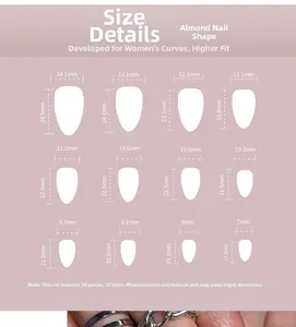 Size chart showing 24 pieces of almond press on nails in 12 different dimensions