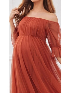 Elegant brick red off-shoulder tulle maternity evening gown with pleated waist detail
