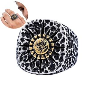 Vintage Punk Stainless Steel Ring For Men Two Tone Sun Tree Totem Honeycomb Hammered Texture Signet Style