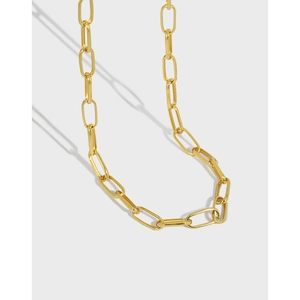 Minimalist gold paperclip chain necklace with a polished metallic finish on white background