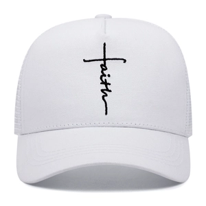 White baseball trucker cap with faith cross embroidery and breathable mesh back