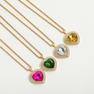 Golden rope chain necklace with heart cut zircon pendants in four vibrant colors