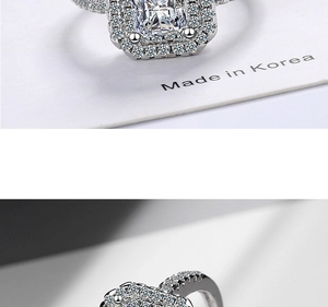 Detailed macro shots of a silver square zirconia ring with ornate diamond accents