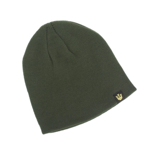 Close-up of dark green knitted beanie featuring a gold crown label and soft texture