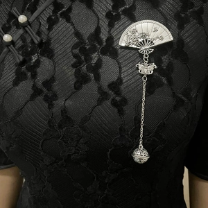 Vintage plum blossom fan brooch with silver tassels and butterfly charms on black lace