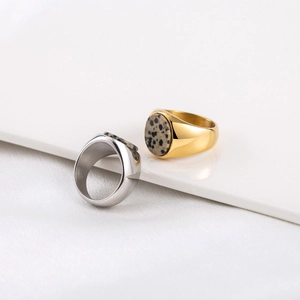 French style 18K gold plated stainless steel ring with spotted stone inlay