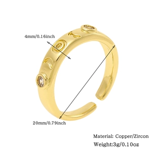 Detail view of gold moon star ring showing 4mm width and copper zircon material specs