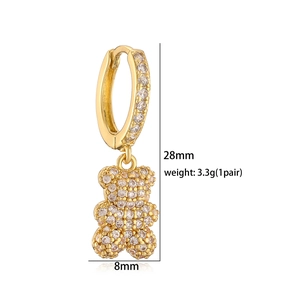 Detailed view of gold teddy bear hoop earrings with crystal pavé and size dimensions