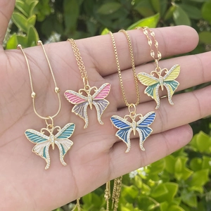Golden butterfly pendant necklaces set with zircon and colorful enamel wings