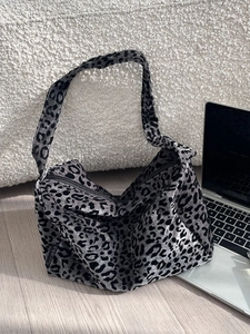 Retro leopard print hobo bag in soft black and grey fabric for stylish daily commute