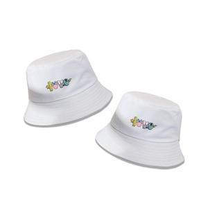 White cotton bucket hat with colorful LOVE lettering and Minnie Mouse silhouette