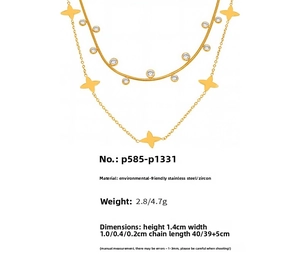 Detailed specs of gold double-layer stainless steel necklace with clover and zircon pendant