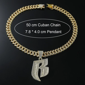 Gold-plated Cuban chain with large iced-out letter R pendant 50cm necklace for men