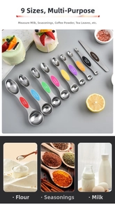 Close-up of 9-piece magnetic stainless steel measuring spoons with colorful silicone grips