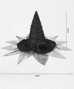 Detailed view of black witch hat with roses and mesh showing height 34cm and width 68cm