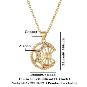 Detail view showing dimensions of sun and moon zircon pendant with 45cm chain necklace