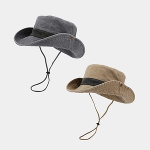 Retro Washed Cotton Wide Brim Bucket Hat With Wind String Vintage Outdoor Sun Hat For Hiking Fishing Cowboy Style