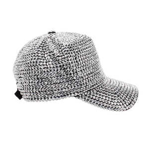 Sparkling silver rhinestone baseball cap with full diamond embellishment in side view
