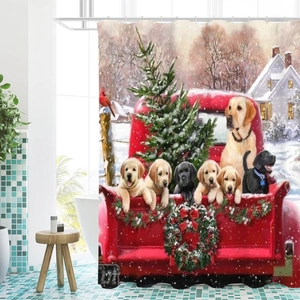 Cozy Christmas shower curtain showing a vintage red truck with golden retriever puppies