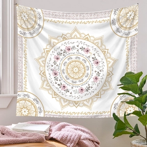 White Mandala wall tapestry featuring golden circular patterns and pink rose floral accents