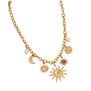 Gold-plated stainless steel chain necklace with sun, moon, coin, and pearl pendants