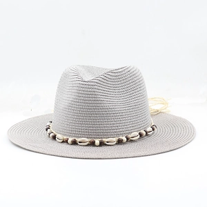 Grey woven bohemian fedora sun hat with shell and wood bead decorative band