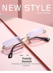 Detail of rimless rectangle sunglasses with purple gradient lenses and gold metal temples