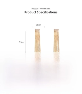 Detailed view of long gold tassel earrings with rhinestones, 8.3cm length and 15.8g weight