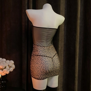 Sexy leopard print tube top dress set with sheer mesh panels on a white mannequin