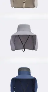 Close-up of wide brim sun hat featuring breathable mesh top and protective neck flap
