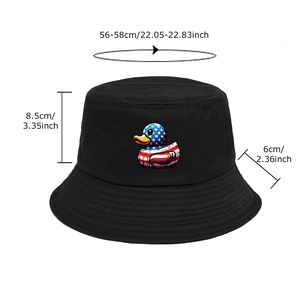 Black cotton bucket hat with American flag duck print and size measurements guide
