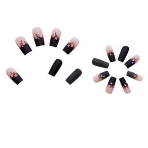 Matte black and pink cherry blossom gradient long ballerina press-on nails set