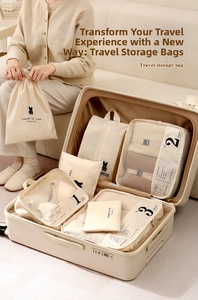 Detailed cream travel organizer set featuring mesh bags and shoe pouches in a suitcase