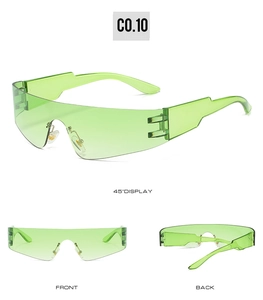 Three-angle view of green rimless punk sports sunglasses featuring front and back display