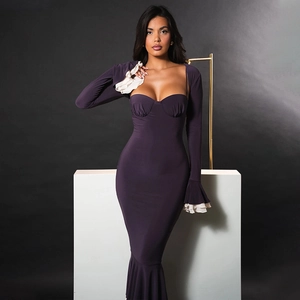 Detailed view of purple bodycon dress with bustier top and ruffled sleeve accents