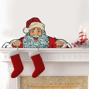 Christmas Santa Claus removable PVC wall decal with stockings on a white fireplace