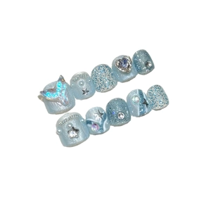 Handmade light blue mermaid style press-on toenails for kids with glitter and 3D fish tail