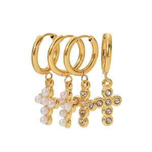 French fashion 18K gold plated titanium steel hoop earrings with crystal cross pendants