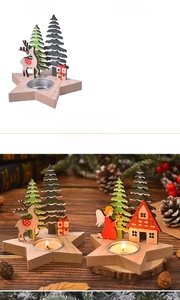 Detail of wooden Christmas candle holder featuring Santa, reindeer and star base