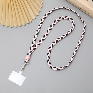 Braided crossbody phone lanyard strap with metal clasp and clear patch, pink gradient