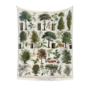 Detail view of a vintage French botanical tapestry featuring Arbres illustrations