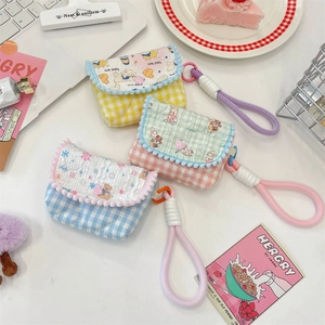 Mini checkered fabric CCD camera bags with cute animal patterns and wavy edge decor