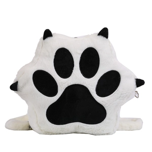 Cute white plush cat paw backpack for women with soft faux fur and black paw pad detail
