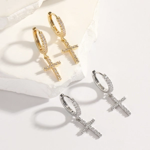 Iced out cross hoop earrings in gold and silver finish with sparkling zircon stones