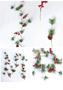 Close-up of 1.8m Christmas garland with pine needles, red berries, and pine cones