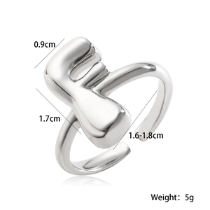 Detailed size specifications for the silver open ring in the shape of letter F
