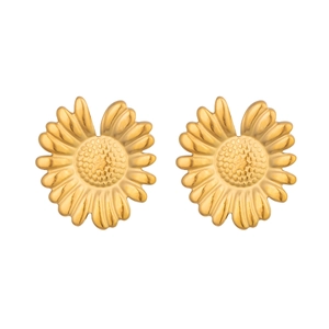Eleganti orecchini a lobo a forma di girasole dorato con petali dettagliati su fondo bianco